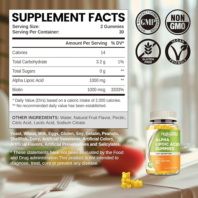 Alpha Lipoic Acid Gummies 1000Mg with Biotin, High Absorption Chewable ALA Supplement for Antioxidant, Brain Health and Nerve Support, Pineapple Flavor, Sugar Free, 60 Chews