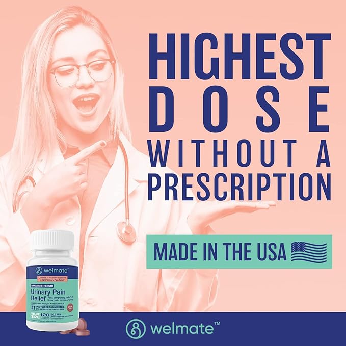 WELMATE Urinary Pain UTI Relief Maximum Strength (Phenazopyridine HCL) - Improve Urinary Tract Health & Bladder Control, Urgency, & Discomfort | Over-The-Counter Medication for Men & Women (120 Pills)