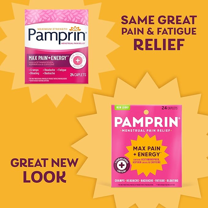 Pamprin Maximum Strength Max Pain and Energy Formula, Menstrual Period Symptoms Relief for Cramps, Bloating and Fatigue, 24 Caplets