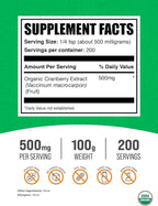 BulkSupplements.com Organic Cranberry Extract Powder - Organic Cranberry Flavoring Powder, Sourced from Vaccinium Macrocarpon Fruit - Vegan & Gluten Free, 500mg per Serving, 100g (3.5 oz) (Pack of 1)