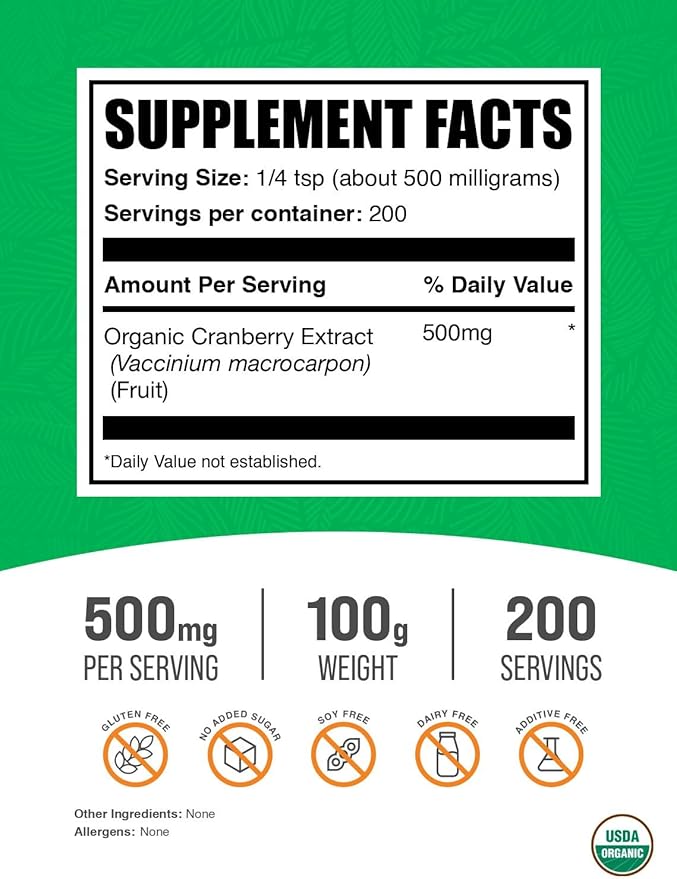 BulkSupplements.com Organic Cranberry Extract Powder - Organic Cranberry Flavoring Powder, Sourced from Vaccinium Macrocarpon Fruit - Vegan & Gluten Free, 500mg per Serving, 100g (3.5 oz) (Pack of 1)