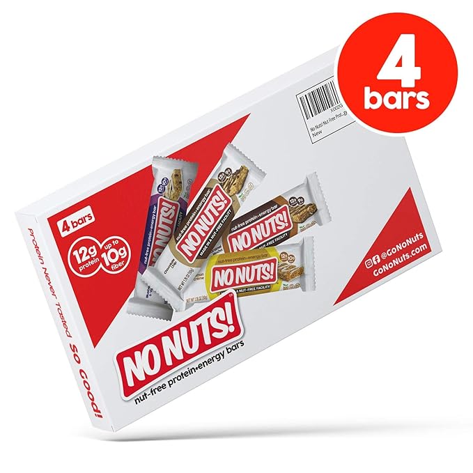 No Nuts! Protein Bar Variety Pack 4 Count Sampler | Nut-Free & School-Safe | Chocolate Chip, Caramel Mocha, Cinnamon Roll & Blueberry Vanilla | Dairy-Free, Vegan, Non-GMO, Organic, Kosher