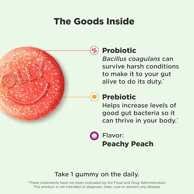 OLLY Probiotic + Prebiotic Gummy, Digestive Support and Gut Health, 500 Million CFUs, Fiber, Adult Chewable Supplement for Men and Women, Peach, 30 Day Supply - 30 Count
