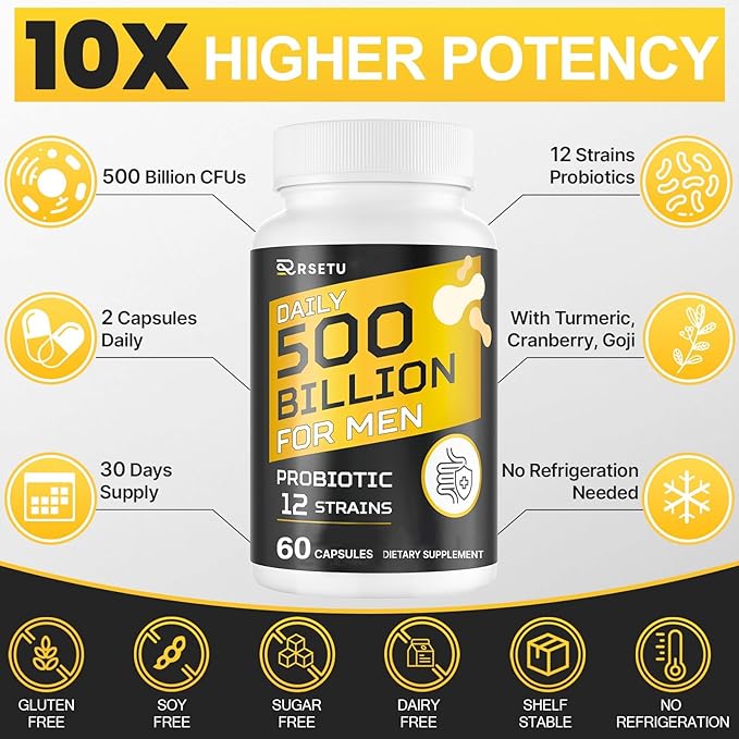 Probiotics for Men, 500 Billion CFUs & 12 Strains Mens Probiotic with Turmeric Cranberry, Goji, Gut Health for Men, for Digestive Health, Gut, Bloating & Gas, Immune, Energy Support, 30-Day Supply