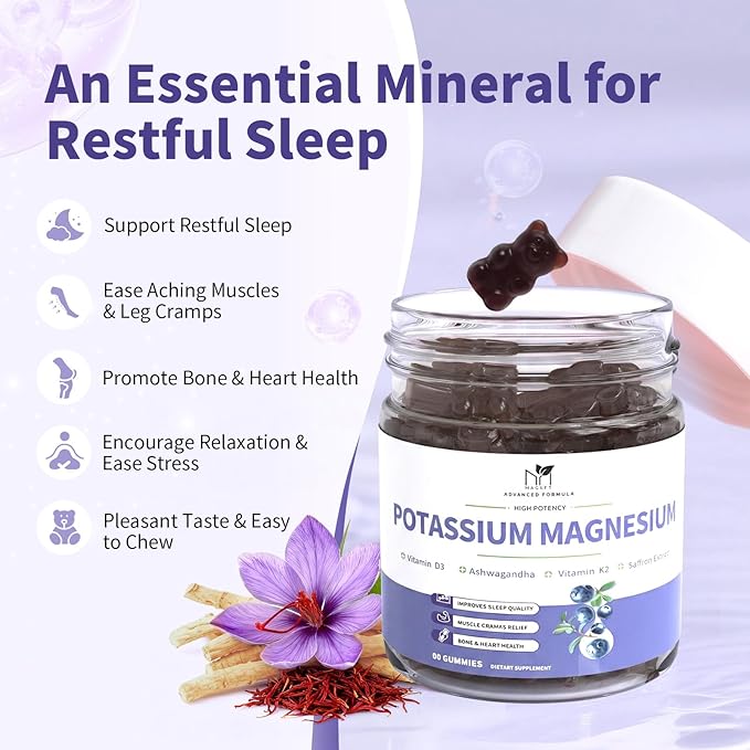 2 Pack Potassium Magnesium Gummies, Sugar-Free Potassium Gummies with Magnesium Glycinate 500mg Chewable Potassium Magnesium Supplements with Calcium, Zinc & Vitamins to Support Leg Muscle Relaxation