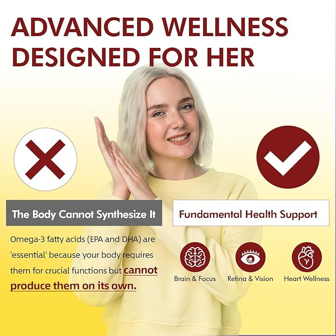 Omega-3 Fish Oil Supplement for Women, 984mg Omega-3 with Evening Primrose Oil (GLA), Astaxanthin & CoQ10, Supports Monthly Comfort, Skin Health & Total Body Wellness-60 Softgels