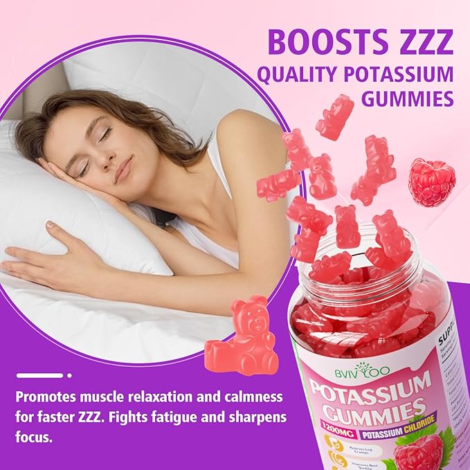 Potassium Gummies for Adults with 1200mg Potassium Chloride - Supports Muscle Health & Leg Cramps, Raspberry Flavor, 60 Count