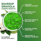 Organic Soursop Graviola Gummies - 2200mg Extra Strength Soursop Leaves Extract w/Sea Moss Extract 200mg, Zinc & Vitamin C - Supports Immunity, Liver, Zzz & Antioxidant, Gluten Free, Vegan, 60 Gummies