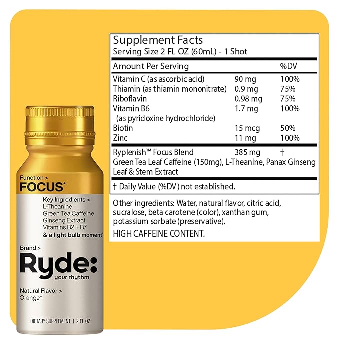 Ryde: Focus Shot | Orange Flavor | L-Theanine & Ginseng | Green Tea Caffeine | Vitamins B2 & B7 | 0 Calories, 0 Sugar | 2 FL OZ Shots | Supports Focus* (24 Pack)