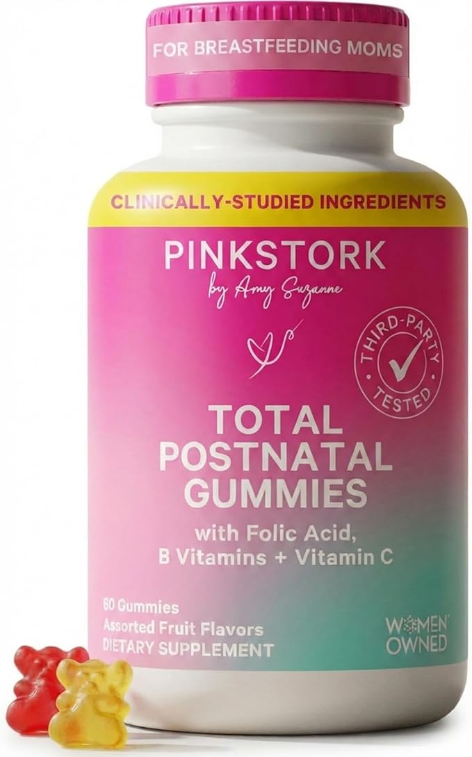 Pink Stork Total Postnatal Vitamin Gummies - Multivitamin for Postpartum Recovery and Lactation Support - Folic Acid, B6, & Vitamin C - Postpartum Essentials - 60 Gummy Vitamins