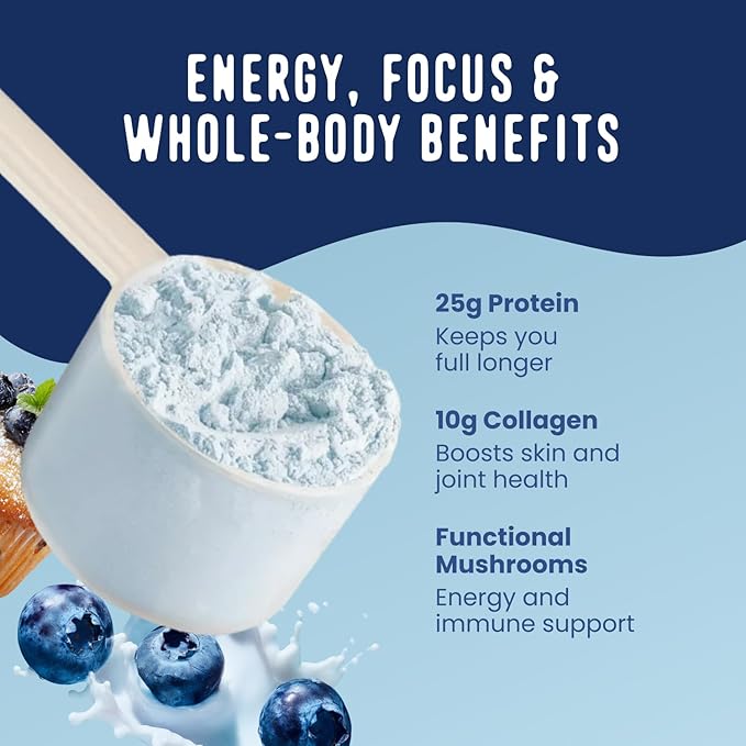 FlavCity All in One Protein Shake Powder, Blueberry Muffin - On the Go Meal Alternative + Collagen Peptides, Reishi & Cordyceps - Focus, Skin, Hair & Joint Support - 100% Grass Fed Whey, 20 Servings