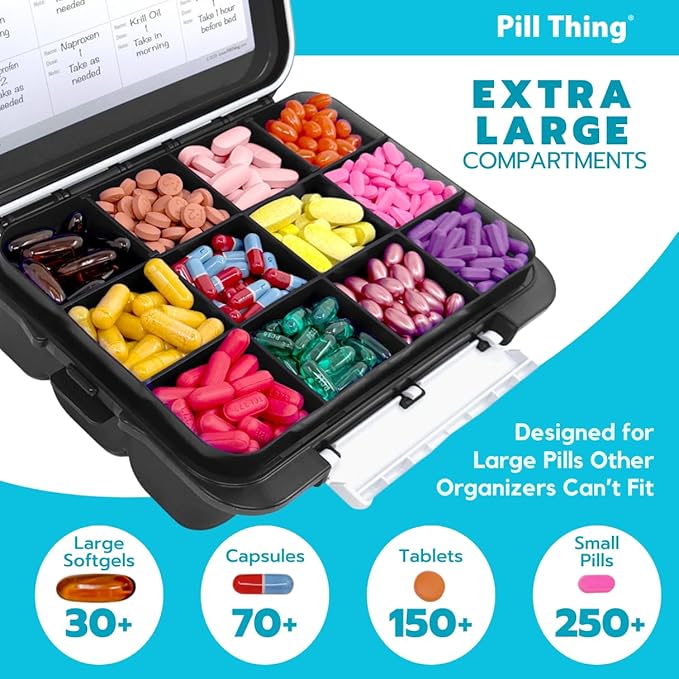 12-Compartment Weekly Pill Box Case with Removable Dividers, Waterproof, Travel-Friendly, with Medication Map and Medical Alert Cards (Black, 2 Pack)