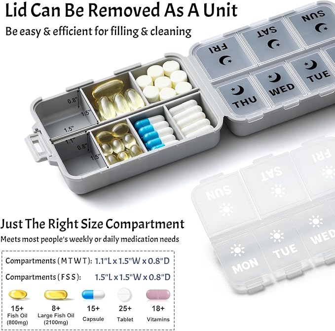 Foldable & Portable Weekly Pill Organizer 2 Times a Day with Clear Printed Labels - 7 Day AM PM Medicine Box, Week Daily Travel Pill Meds Case Holder for Medications, Vitamin, Supplement - Grey
