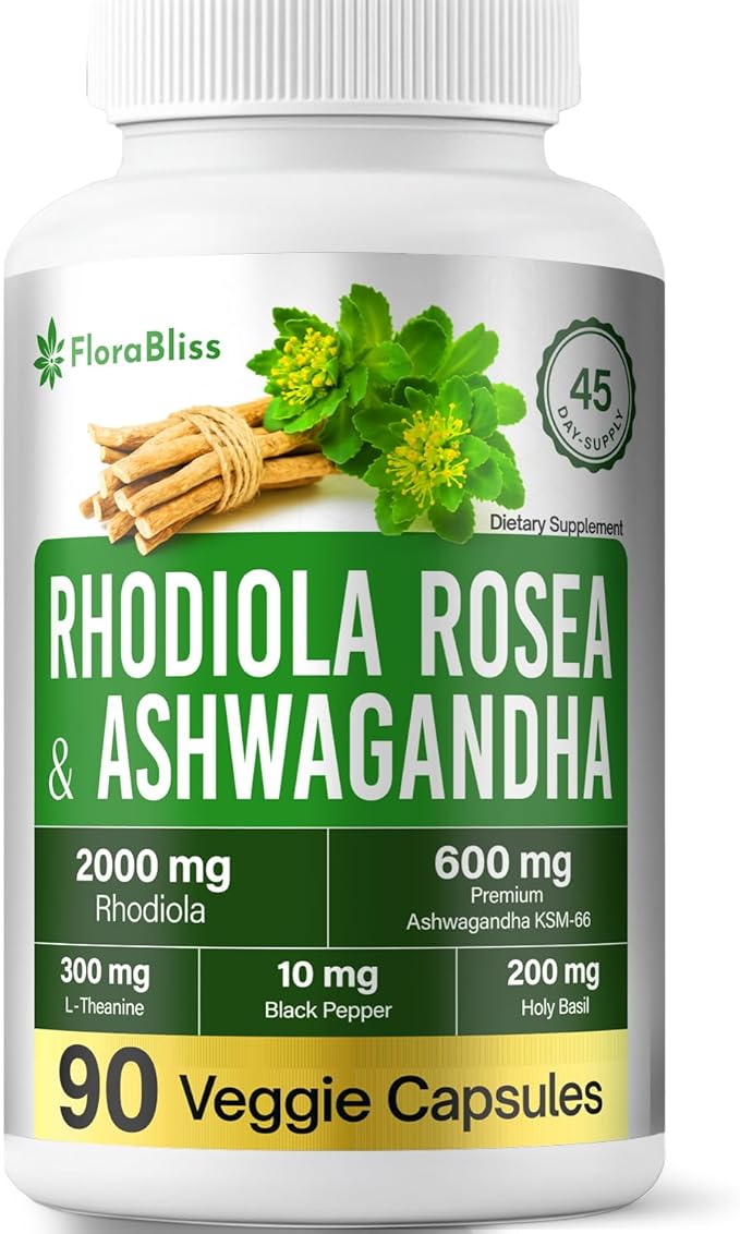 FloraBliss Rhodiola Rosea with Ashwagandha KSM-66, L-Theanine, Holy Basil & Black Pepper - 90 High Potency Vegan Capsules - 45-Day Supply