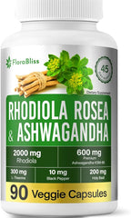 FloraBliss Rhodiola Rosea with Ashwagandha KSM-66, L-Theanine, Holy Basil & Black Pepper - 90 High Potency Vegan Capsules - 45-Day Supply