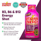 Vitamin Energy B12 11,000% Extra Strength Energy Shot Pink Berry 48 Pack, 260mg Natural Caffeine, B12 & B6, Nootropic Focus, Vitality, Zero Sugar, Gluten-Free, Vegan, Kosher, 1.93 fl oz