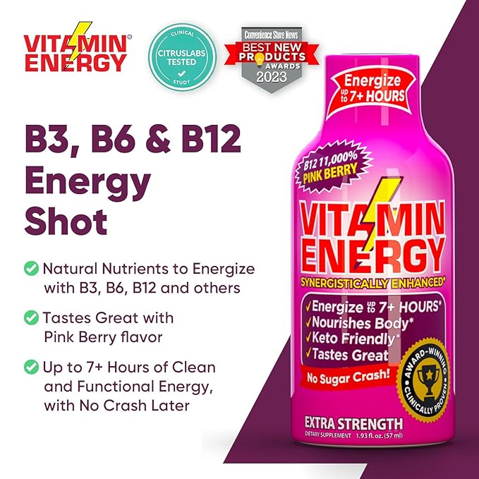 Vitamin Energy B12 11,000% Extra Strength Energy Shot Pink Berry 24 Pack, 260mg Natural Caffeine, B12 & B6, Nootropic Focus, Vitality, Zero Sugar, Gluten-Free, Vegan, Kosher, 1.93 fl oz