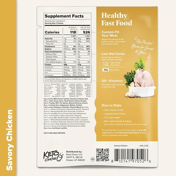 Keto Chow Savory Chicken | Keto Meal Replacement Shake Powder | Nutritionally Complete | Low Carb | Delicious Easy Meal Substitute | Protein Rich You Choose The Fat | Single Meal Sample