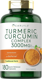 Carlyle Turmeric Curcumin Supplement | 180 Capsules | with Black Pepper, Curcuminoids and Bioperine | Non-GMO, Gluten Free