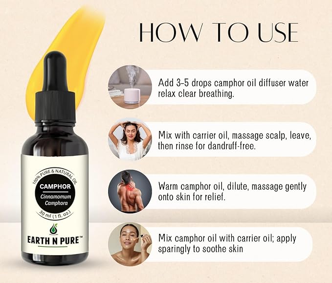 Earth N Pure Camphor Oil | Kapoor Oil | 100% Pure & Natural, Therapeutic Grade | Undiluted Essential Oil for Skincare, Hair Care, Aroma & Massage - 15 ML