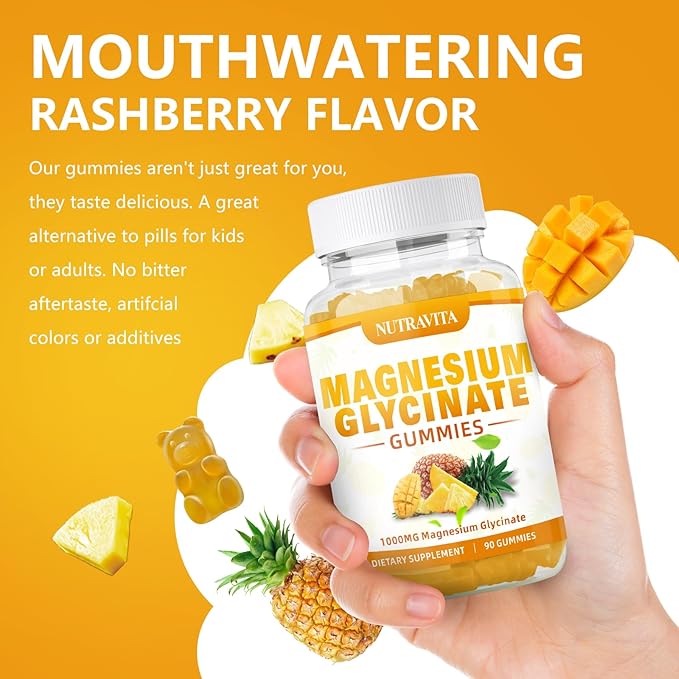 Magnesium Glycinate Gummies 1000mg with Magnesium L-Threonate,Chelated Magnesium Potassium Complex Supplement with VitD, B6, CoQ10, Calcium,Supports for Memory, Calm, Mood-180 Mango Pineapple Gummies