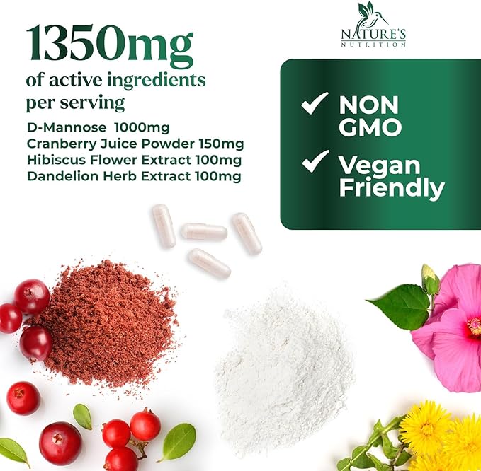 D-Mannose 1000mg Per Serving - Cranberry & Hibiscus - Effective Fast-Acting, Flush The Impurities for Bladder, Urinary Tract Health Support Supplement, for Women and Men, USA Bottled - 60 Capsules