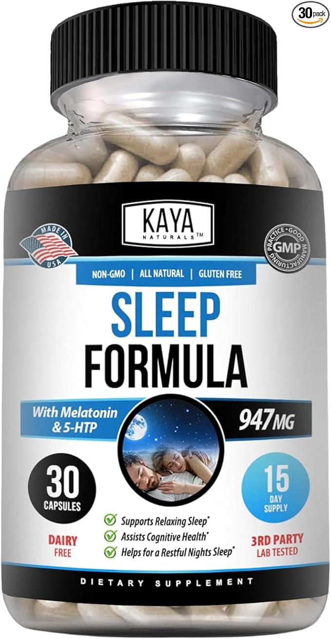 Kaya Naturals - Sleep Support Formula with Melatonin - Aid Support Vitamin Supplement - Sleep Stress and Mood Support - L-Tryptophan, Passion Flower, Ashwagandha and More (30 Count)