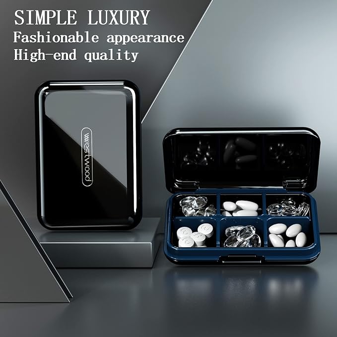 DUBSTAR Travel Pill Organizer Moisture Waterproof Small Pill Box for Pocket Purse 6 Compartments Portable Pill Case Medicine Vitamin Holder Container Black