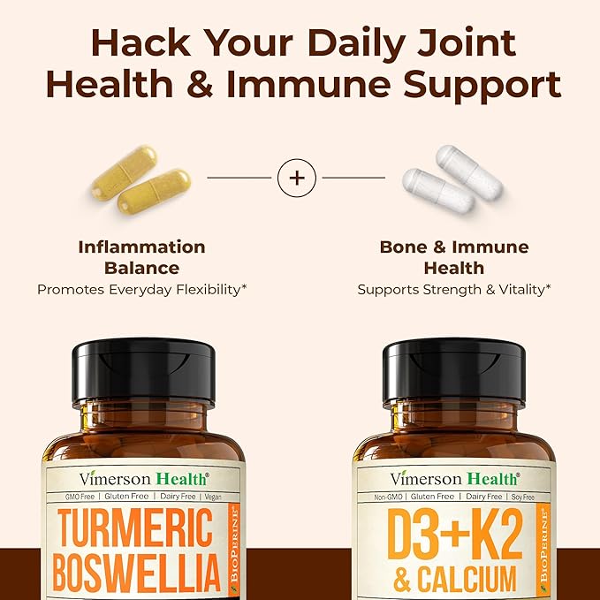 Boswellia Turmeric Curcumin Supplement + Vitamin D3 K2 5000 IU Bundle – Supports Joint Health & Immune, Bone, Heart Health – with Ginger Root, Organic Turmeric Powder, Vitamin D, K2, Calcium