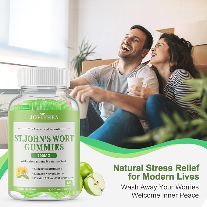 St John's Wort Gummies 700mg, Natural Herbal Supplement for Adults & Kids, Support Calm, Relaxation & Brain Health, Vegan, Non-GMO, Gluten Free, Apple Flavor, 60 Count