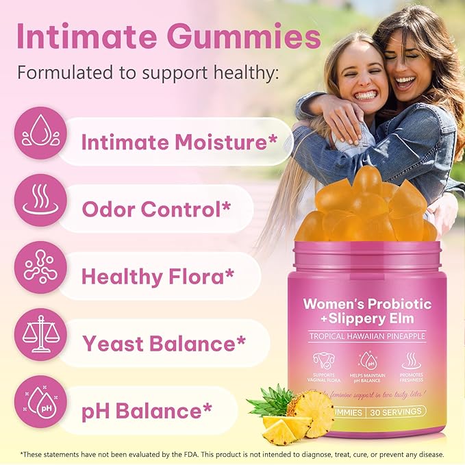 Feminine Probiotics Gummies - Probiotic Pineapple Gummies for Women, with Slippery Elm, Support ph Balance, Lactobacillus for Bladder and Vaginal Wellness, 60 Count