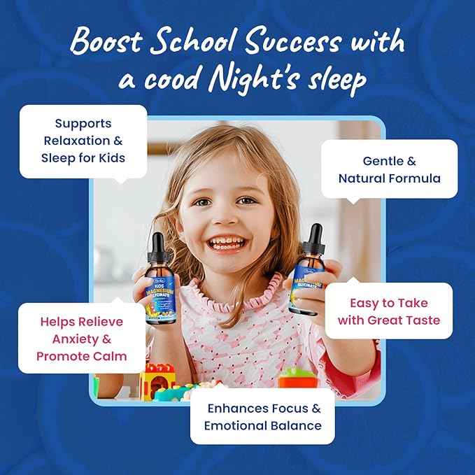 Magnesium Glycinate Liquid for Kids - with L-Theanine Omega-3, Vitamin B6, D3, Zinc - Kids Magnesium Drops for Sleep, Relaxation, Calm & Focus - 2 Fl Oz, Orange Flavor