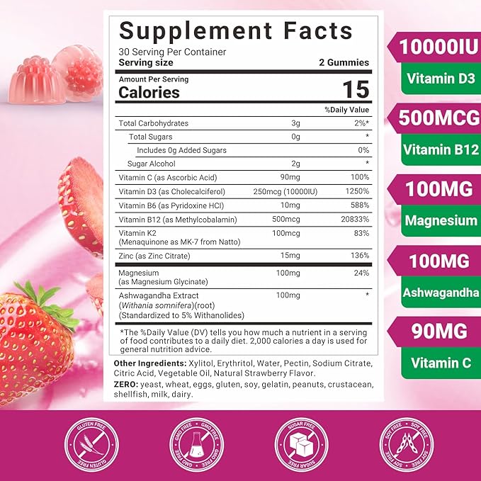 Vitamin D3 B12 Gummies, Vitamin D3 10000 IU & Methylated B12 500mcg for Adults, D3 B12 Vitamin Supplement with Ashwagandha, Magnesium, Vitamin K2 for Immune & Energy Support