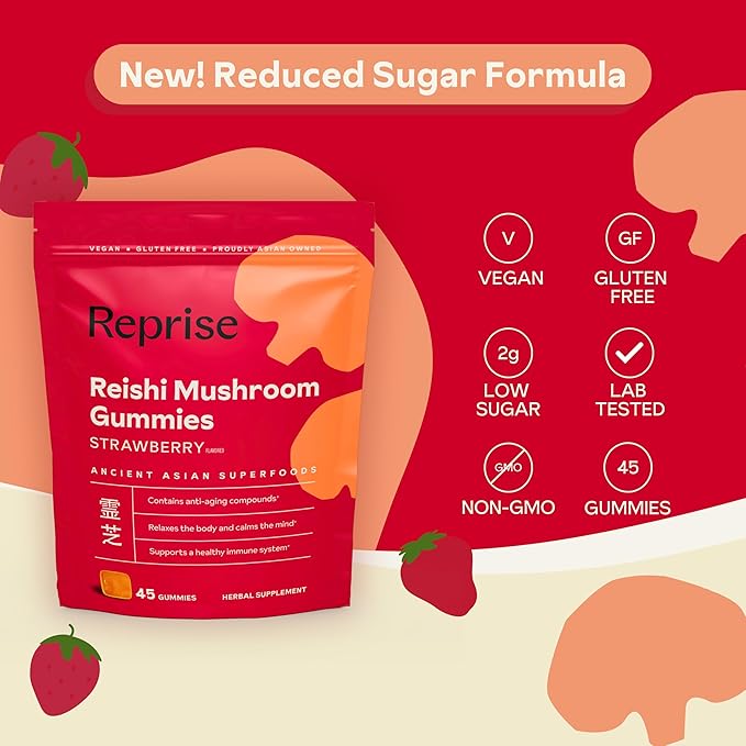 Reishi Mushroom Gummies | Hongo Reishi Mushroom Supplement Gummies (Lingzhi, Ganoderma Lucidum) | Full Spectrum Stress Gummies for Adults | Red Reishi Mushroom | Strawberry Flavor | 45 Count