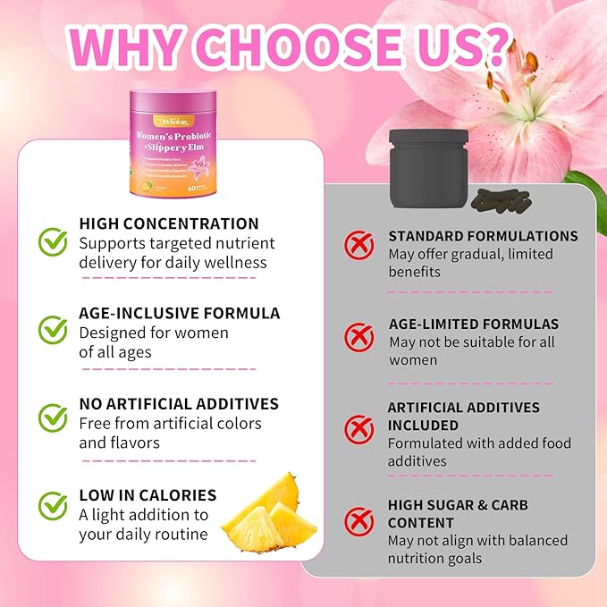 Feminine Probiotics Gummies for Women with Slippery Elm Prebiotics & Lactobacillus Blend – Supports Healthy Flora, pH Balance, Gut & Immune Function, Pineapple Flavor, 60 Count