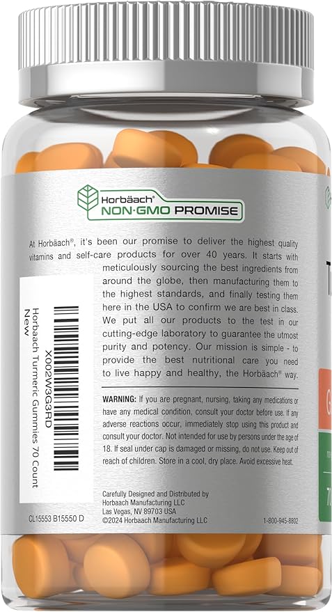 Horbäach Turmeric Gummies | 70 Count | Mango & Peach Flavor | Turmeric Curcumin with Ginger | Vegan Non-GMO & Gluten Free Supplement