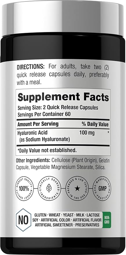 Horbäach Hyaluronic Acid Supplement | 100mg | 120 Capsules | Non-GMO, Gluten Free