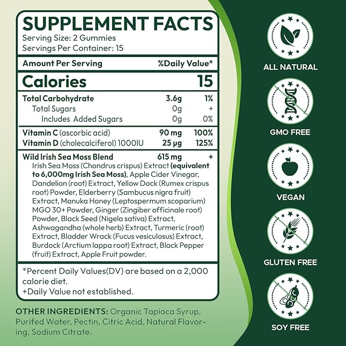 16 in 1 Sea Moss Gummies with Ashwagandha Black Seed Oil Bladder Wrack Turmeric Vitamin C & D3 with Manuka Burdock Root, Irish Sea Moss Gummies for Women & Men, Vegan Green Apple