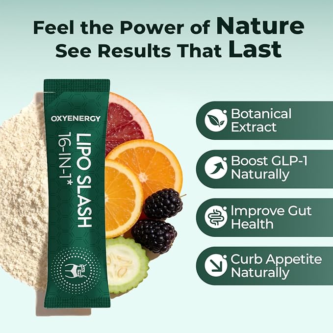 OxyEnergy LIPO Slash 16-in-1 Natural Weight Loss Supplement for Women and Men, Supports Gut Health, GLP-1 Activate & Weight Management, Vegan, Gluten-Free, Non-GMO, 30 Packets, Orange Flavor