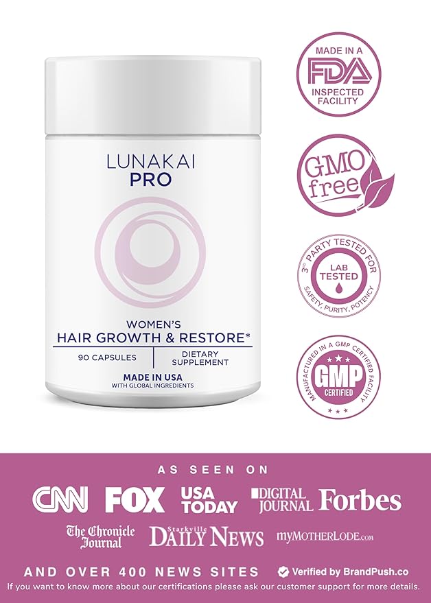 Lunakai PRO USA Made Hair Growth Supplement for Women - Advanced 20 Nutrient with Marine Collagen, Saw Palmetto, Biotin & Keratin - Daily Hair Vitamins for Thicker Strands - 90 Capsules