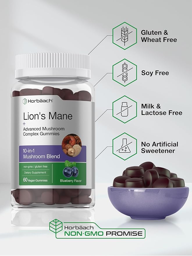 Horbaach Lions Mane Supplement | 60 Gummies | 10-in-1 Mushroom Complex | with Turkey Tail, Reishi, Cordyceps, Chaga, Maitake, and Shiitake | Blueberry Flavor | Non-GMO & Gluten Free