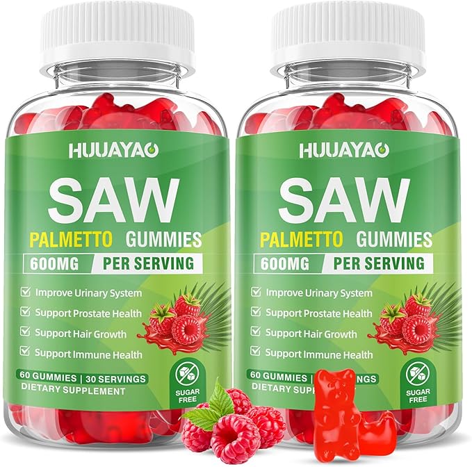 Saw Palmetto Gummies 600mg Saw Palmetto Supplement with Pumpkin Seed Oil, Biotin, Prostate Health Supplements for Men, Advanced DHT Blocker, Hair & Urinary Health Support, Raspberry Flavor, 120 Counts
