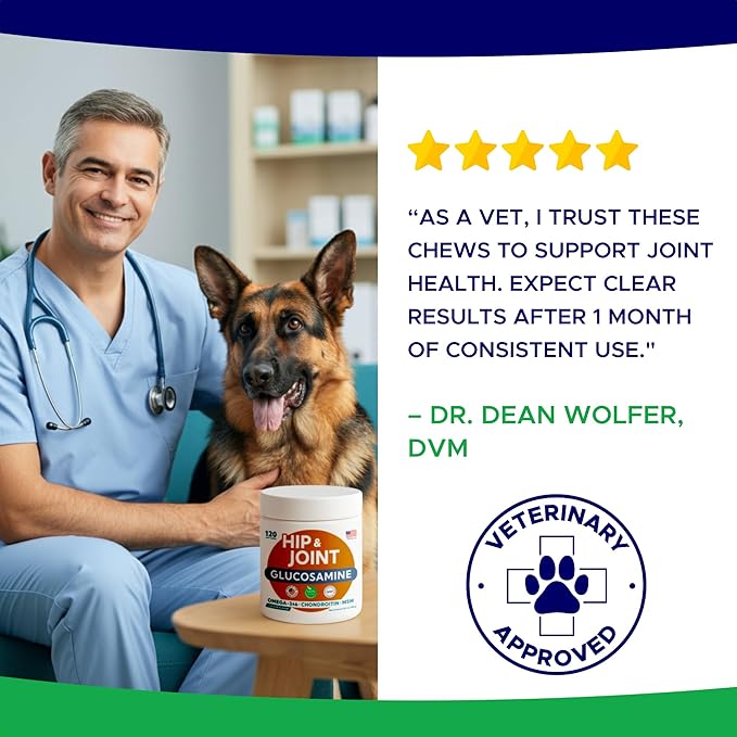 Glucosamine for Dogs Hip & Joint Supplement - Chondroitin, Omega-3, MSM - Joint Health & Pain Relief - Senior & Large Dogs - Made in USA - 120Ct