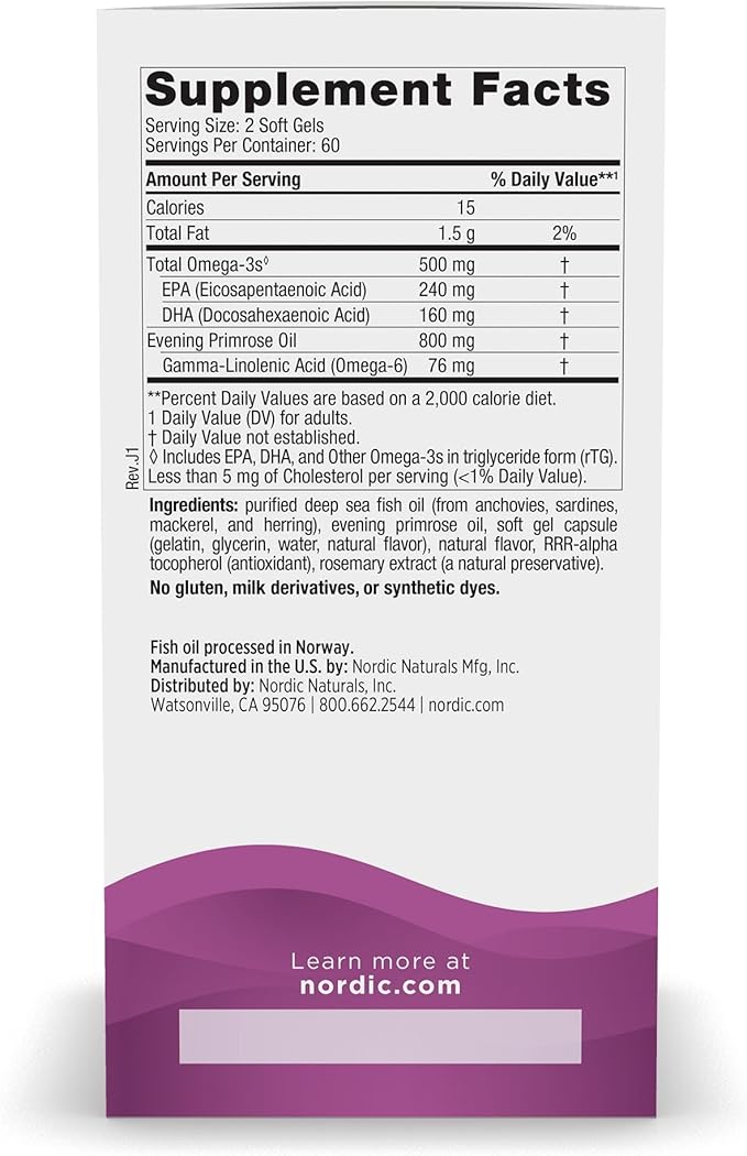 Nordic Naturals Omega Woman, Lemon - 120 Soft Gels - 500 mg Omega-3 + 800 mg Evening Primrose Oil - Healthy Skin & Optimal Wellness - Non-GMO - 60 Servings (Pack of 2)