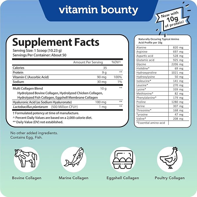 Vitamin Bounty Multi Collagen Peptides Powder for Men & Women (Complex Plus) - 5 Types Hydrolyzed Collagen Protein - Probiotics, Vitamin C & Hyaluronic Acid - Grass Fed Bovine Supplements, 50 Servings