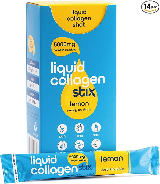 Hydrolyzed Liquid Collagen Peptides for Women & Men - Grass-Fed Bovine Protein Supplement for Hair Growth, Skin and Nails (Pack of 14, Lemon)