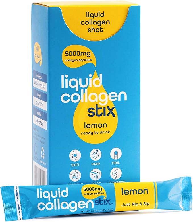 Hydrolyzed Liquid Collagen Peptides for Women & Men - Grass-Fed Bovine Protein Supplement for Hair Growth, Skin and Nails (Pack of 28, Lemon)