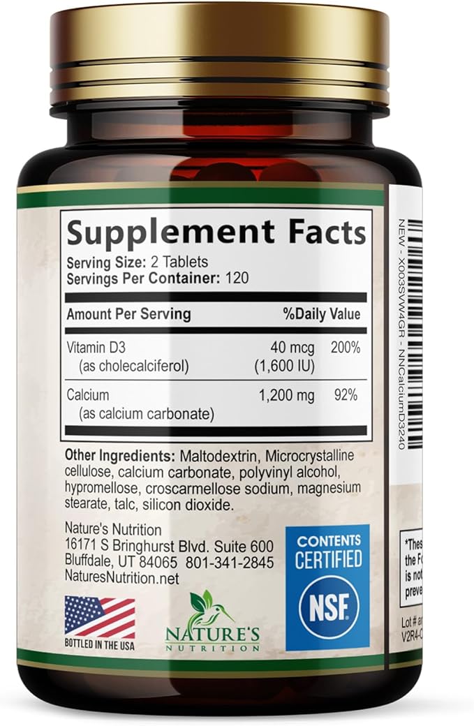 Calcium 1200 mg with Vitamin D3 Per Serving - Bone Health Supplement, Vitamin D & Calcium Supplements for Women & Men - Bone, Teeth & Immune Support, Nature's Calcium Pills, USA Bottled - 240 Tablets