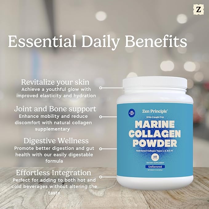 Zen Principle Marine Collagen Peptides Powder 1.5 lb. Wild-Caught Fish, Non-GMO. Supports Healthy Skin, Hair, Joints and Bones.Hydrolyzed Types I, II, III, and IV Protein. Amino Acids. Easy to Mix.
