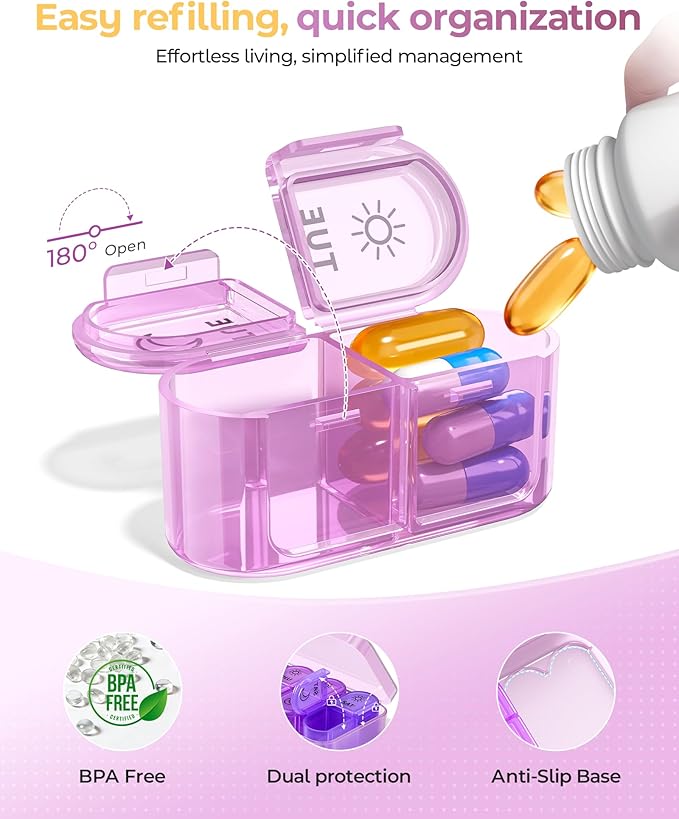Weekly Pill Organizer 7 Day AM PM - Travel Pill Box 2 Times a Day with One-Hand Easy-Open Lid, 14 Compartments Portable Medicine Case for Daily Vitamins, Fish Oil, Pills and Supplements